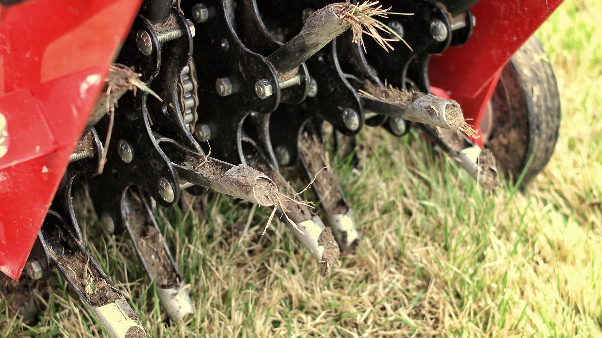A closeup of a high quality aeration machine aerating a lawn in Grand Junction, CO.