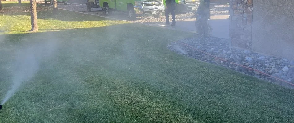 A lawn in Grand Junction, CO, misted and watered by an irrigation system.