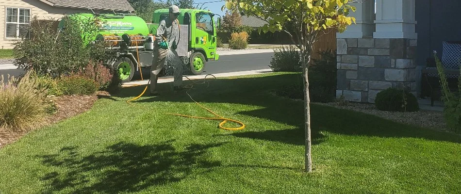 A lawn care provider in Grand Junction, CO, fertilizing a lawn.