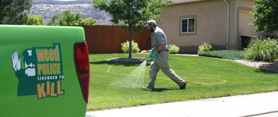 Tech applying liquid treatment to grass in Grand Junction, CO, and a green truck.