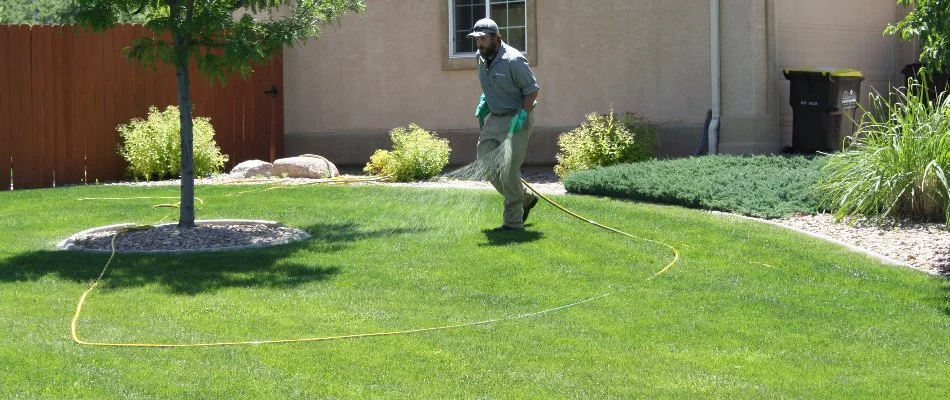 Tech spraying liquid fertilizer on grass in Grand Junction, CO.