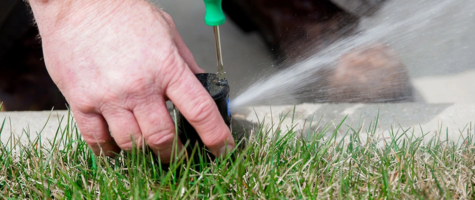 Professional is fixing a sprinkler head using a screwdriver in Clifton, CO.