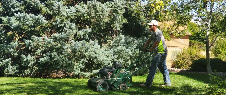 Mesa Turf Masters professional aerating a lawn in Fruitvale, CO.